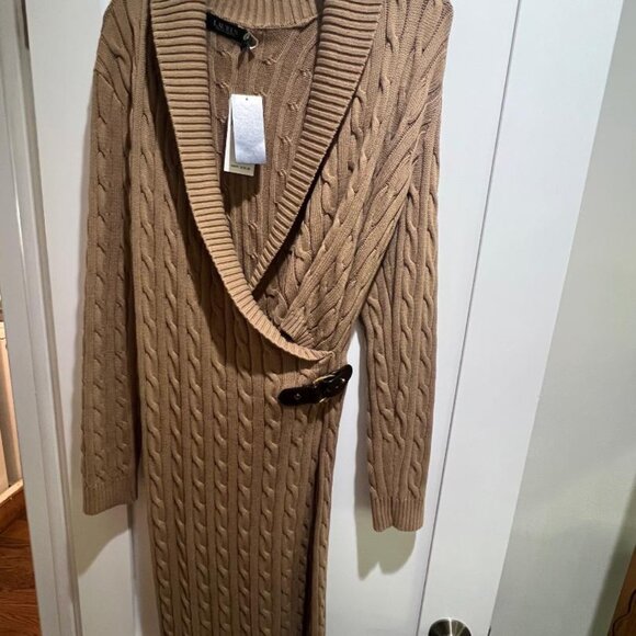 LAUREN Ralph Lauren | NWT | L | Cable-Knit Buckle-Trim Sweater Dress in Camel - Picture 5 of 5
